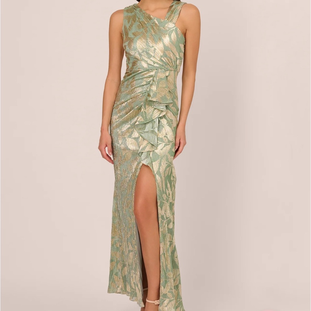 Adrianna Papell FOIL PRINTED ASYMMETRIC GOWN WITH RUFFLED DETAIL IN SAGE GOLD